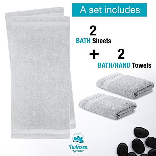 Twinzen Juego de 2 Toallas de Manos y 2 Toallas de Baño, de 100% Algodón, Sin Productos Químicos- Certificado Oeko Tex - Muy Absorbente Casa, Cuarto de Baño, Centro Deportivo, Gimnasio, Piscina