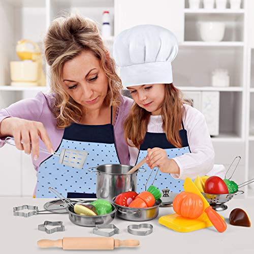 TwobeFit Juguetes de Cocina para niños, 29 Piezas Juguetes de Chef para Niños, Cocina de Acero , Vegetales para Cortar, Delantal y Gorro De Cocinero, Cortadores de Galletas, Rodillo para niños