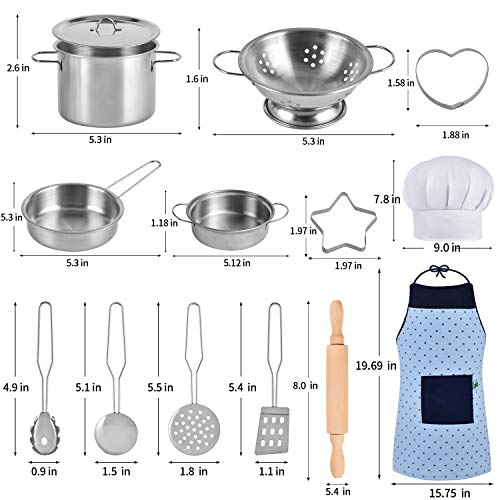 TwobeFit Juguetes de Cocina para niños, 29 Piezas Juguetes de Chef para Niños, Cocina de Acero , Vegetales para Cortar, Delantal y Gorro De Cocinero, Cortadores de Galletas, Rodillo para niños