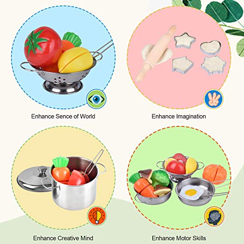 TwobeFit Juguetes de Cocina para niños, 29 Piezas Juguetes de Chef para Niños, Cocina de Acero , Vegetales para Cortar, Delantal y Gorro De Cocinero, Cortadores de Galletas, Rodillo para niños