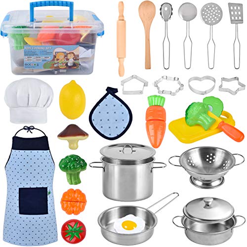 TwobeFit Juguetes de Cocina para niños, 29 Piezas Juguetes de Chef para Niños, Cocina de Acero , Vegetales para Cortar, Delantal y Gorro De Cocinero, Cortadores de Galletas, Rodillo para niños