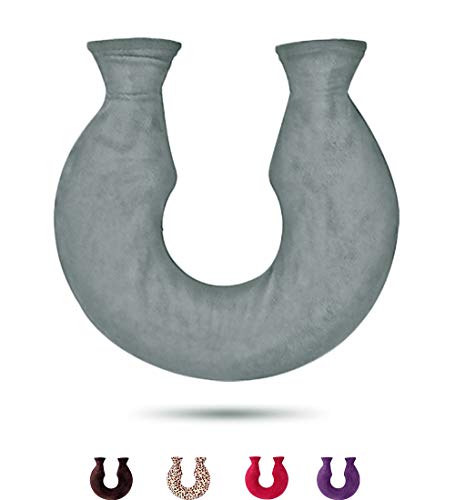 U formar botella agua caliente Bonita de pvc con Funda de forro polar, larga bolsa de agua caliente con funda peluche para cuello lumbar cervicales espalda Aliviar dolor adulto mujer hombre - Gris