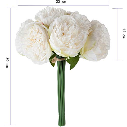 U'Artlines - Ramo de flores artificiales de seda para decoración, seda sintética, 5 cabezales de color blanco., 1 pack