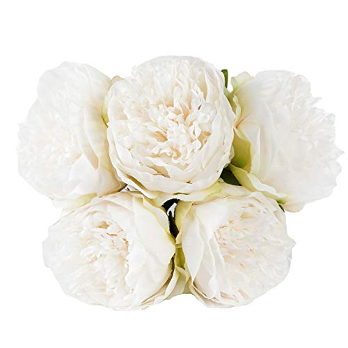 U'Artlines - Ramo de flores artificiales de seda para decoración, seda sintética, 5 cabezales de color blanco., 1 pack