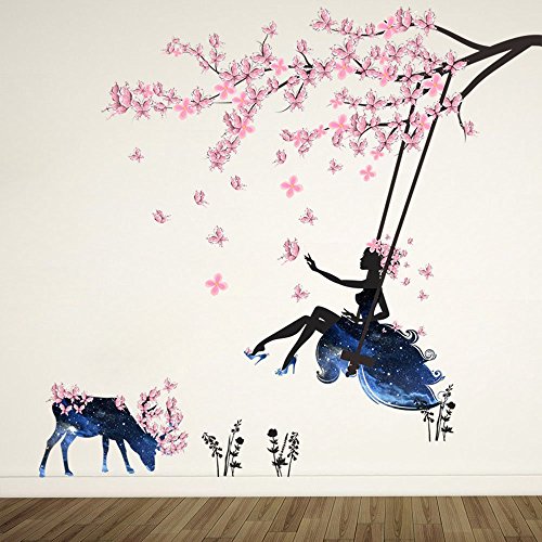 ufengke Chica en Árbol Swing y Silueta de Alces Pegatinas de Pared con Mariposas Rosadas Decorativo Extraíble DIY Vinilo Pared Calcomanías para Sala de Estar, Dormitorio Mural