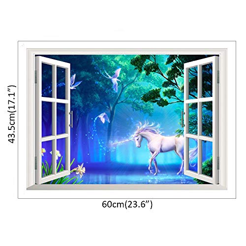 ufengke Pegatinas de Pared Unicornio Blanco en el Mítico Bosque Vista de Efecto Especial 3D Fuera de la Ventana Calcomanías de Pared de Vinilo Extraíble DIY para Sala de Estar, Dormitorio
