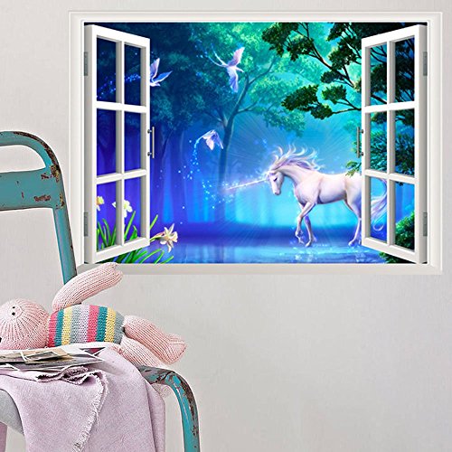 ufengke Pegatinas de Pared Unicornio Blanco en el Mítico Bosque Vista de Efecto Especial 3D Fuera de la Ventana Calcomanías de Pared de Vinilo Extraíble DIY para Sala de Estar, Dormitorio