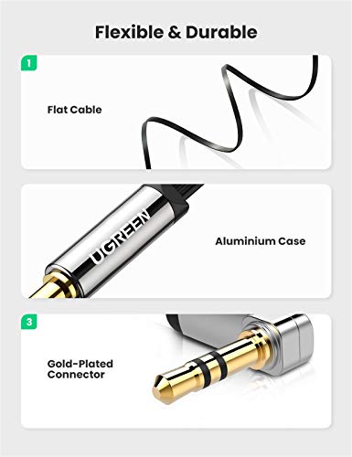 UGREEN Cable de Audio Estéreo, Cable Auxiliar Jack 3.5mm Macho a Macho, Cable Plano de Conector Jack 90 Grado Ángulo Recto para Auricular, Altavoz, Audio de Coche, iPod, TV, PC, Telefóno, 0.5Metros