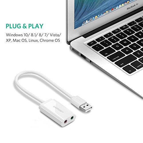 UGREEN Tarjeta de Sonido USB, Tarjeta de Sonido Externa Adaptador Audio y Micrófono 3.5mm, Conector Jack USB Plug y Plag para PC, Laptop, Raspberry pi 3, PS4, Altavoces Estéreo, Auriculares (Blanco)