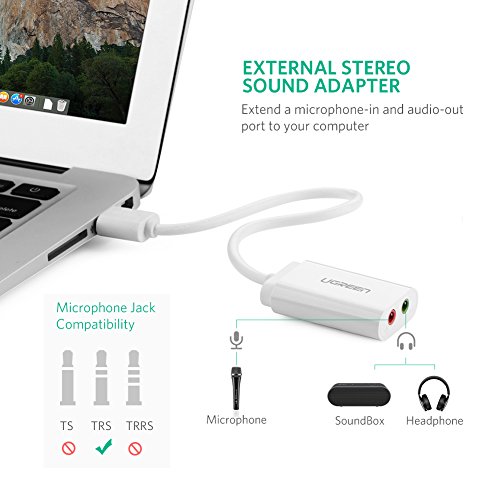UGREEN Tarjeta de Sonido USB, Tarjeta de Sonido Externa Adaptador Audio y Micrófono 3.5mm, Conector Jack USB Plug y Plag para PC, Laptop, Raspberry pi 3, PS4, Altavoces Estéreo, Auriculares (Blanco)
