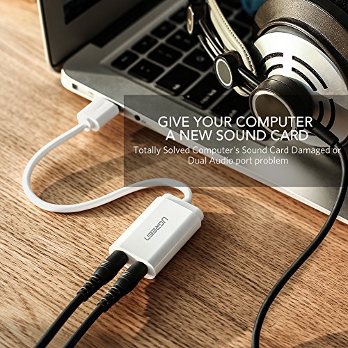 UGREEN Tarjeta de Sonido USB, Tarjeta de Sonido Externa Adaptador Audio y Micrófono 3.5mm, Conector Jack USB Plug y Plag para PC, Laptop, Raspberry pi 3, PS4, Altavoces Estéreo, Auriculares (Blanco)