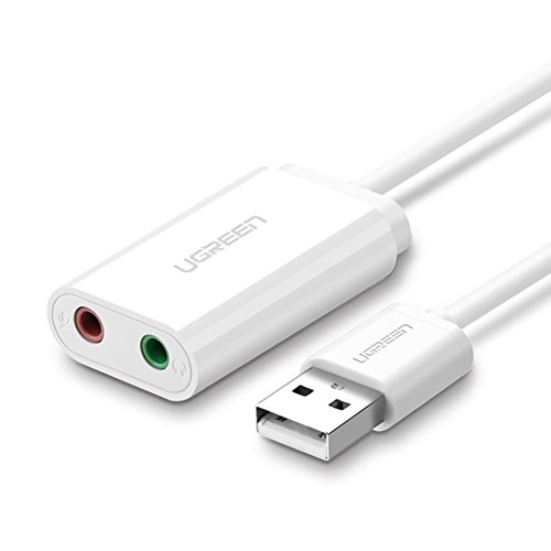 UGREEN Tarjeta de Sonido USB, Tarjeta de Sonido Externa Adaptador Audio y Micrófono 3.5mm, Conector Jack USB Plug y Plag para PC, Laptop, Raspberry pi 3, PS4, Altavoces Estéreo, Auriculares (Blanco)