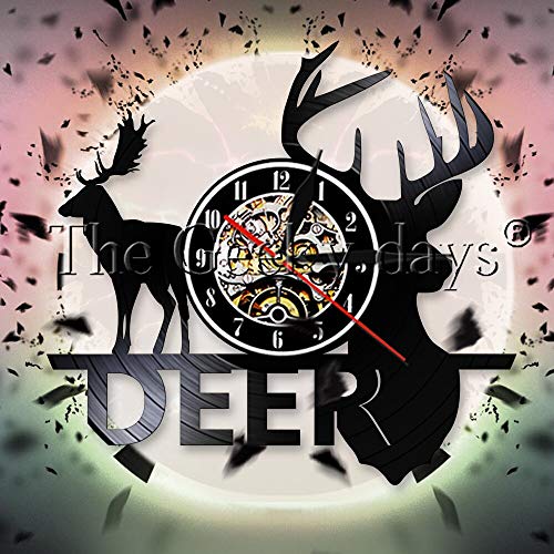 UIOLK Creatividad Retro Woodland Deer Head Disco de Vinilo Reloj de Pared Diseño Deer Antlers Decoración Bosque Animal Salvaje Reloj de Pared para Cazadores