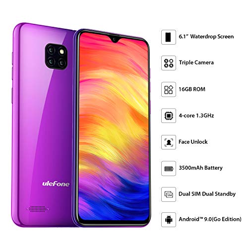 Ulefone Note 7 Android 9.0 Teléfono Móvil Libre, Water-Drop 6.1" 19.2:9 Pantalla, Cámara 8MP+2MP+2MP, Dual SIM-Ranuras Smartphone, Quad Core (SD 64GB) 1GB+16GB, 3500mAh batería, Face ID/GPS - Morado