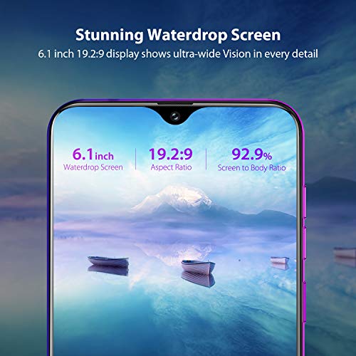 Ulefone Note 7 Android 9.0 Teléfono Móvil Libre, Water-Drop 6.1" 19.2:9 Pantalla, Cámara 8MP+2MP+2MP, Dual SIM-Ranuras Smartphone, Quad Core (SD 64GB) 1GB+16GB, 3500mAh batería, Face ID/GPS - Morado