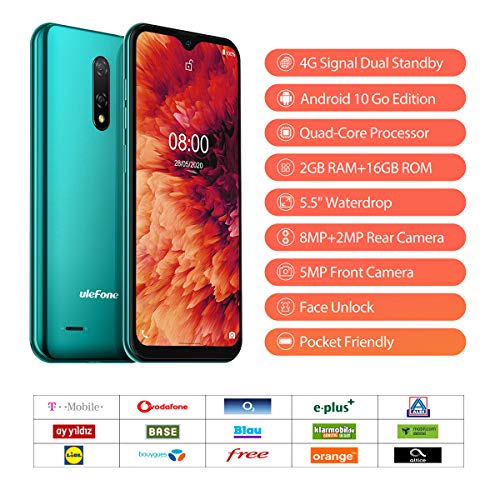 Ulefone Teléfono Móvil 2020, Note 8P Android 10 Smartphone Libre 16GB ROM (128GB SD), Pantalla 5.5" Water-Drop Screen Movil, 8MP 5MP, 2700mAh Batería, 3-Card Slot, GPS/WiFi/Hotspot-[Europea,Verde]
