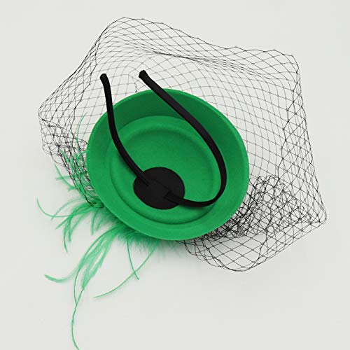 Umeepar Pillbox Fascinator Sombrero para mujer Boda Kentucky Derby Té Party Hat Plumas Diadema Clip para el pelo con velo - Verde - Talla única