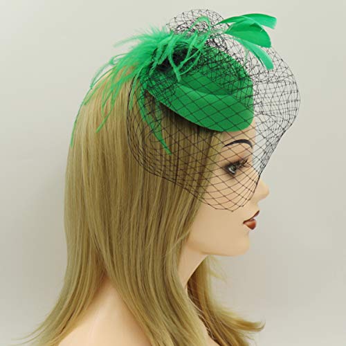 Umeepar Pillbox Fascinator Sombrero para mujer Boda Kentucky Derby Té Party Hat Plumas Diadema Clip para el pelo con velo - Verde - Talla única
