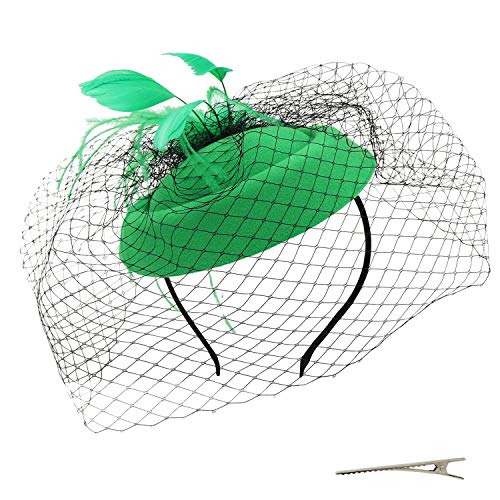 Umeepar Pillbox Fascinator Sombrero para mujer Boda Kentucky Derby Té Party Hat Plumas Diadema Clip para el pelo con velo - Verde - Talla única
