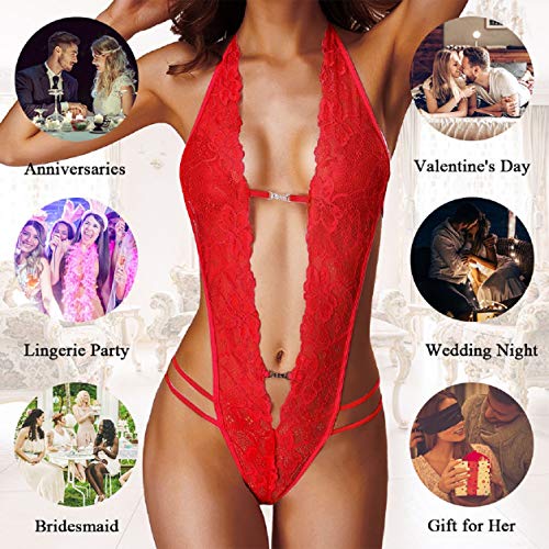 UMIPUBO Mujer Ropa de Dormir Conjunto Sexy Transparente Lingerie Escotado por Detrás Lace Lenceria Erotica Babydoll Ropa Interior (Rojo)