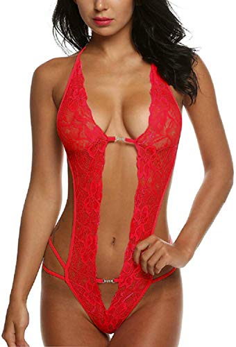 UMIPUBO Mujer Ropa de Dormir Conjunto Sexy Transparente Lingerie Escotado por Detrás Lace Lenceria Erotica Babydoll Ropa Interior (Rojo)