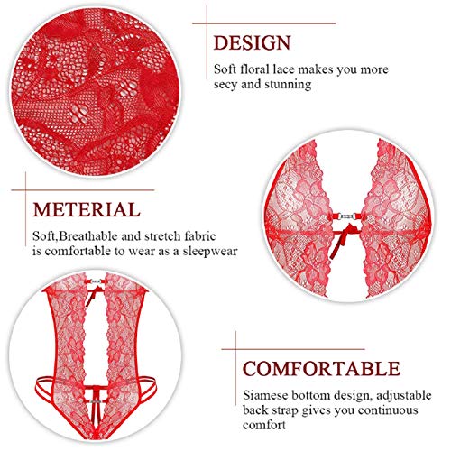 UMIPUBO Mujer Ropa de Dormir Conjunto Sexy Transparente Lingerie Escotado por Detrás Lace Lenceria Erotica Babydoll Ropa Interior (Rojo)