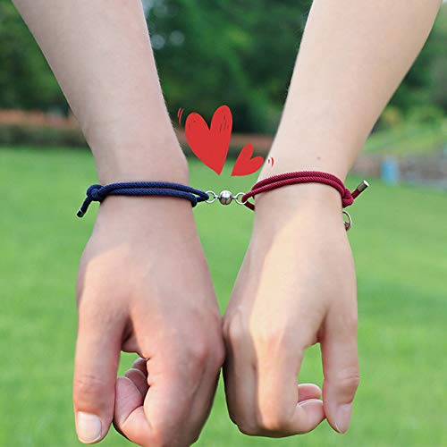 Un par de Pulseras de Pareja con imán Trenzado de Cuerda, Pulsera a Juego para Mujeres y Hombres, Juego de Pareja Ajustable, Regalo de Amante (Vino Tinto + Azul Oscuro)