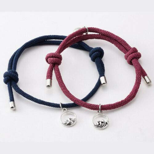 Un par de Pulseras de Pareja con imán Trenzado de Cuerda, Pulsera a Juego para Mujeres y Hombres, Juego de Pareja Ajustable, Regalo de Amante (Vino Tinto + Azul Oscuro)