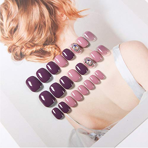 Uñas Postizas,Natural Francés Nails,Verano Encantador Púrpura Oscuro Rosa Claro Uñas Falsas Diamante Diseño Uñas Arte Falso Consejos Cubierta Completa Corta Cabeza Cuadrada Diy