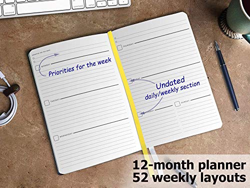 Undated Planning hebdomadaire pour homme et femme – But et de Productivité Planner – Couverture rigide, en simili cuir, gris