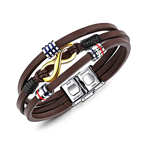 Unendlich U Pulseras Hombre Infinito U Pulsera de Cuero de Tres Capas+ Símbolo Infinito Oro de Acero Inoxidable Idea Regalo para Hombre