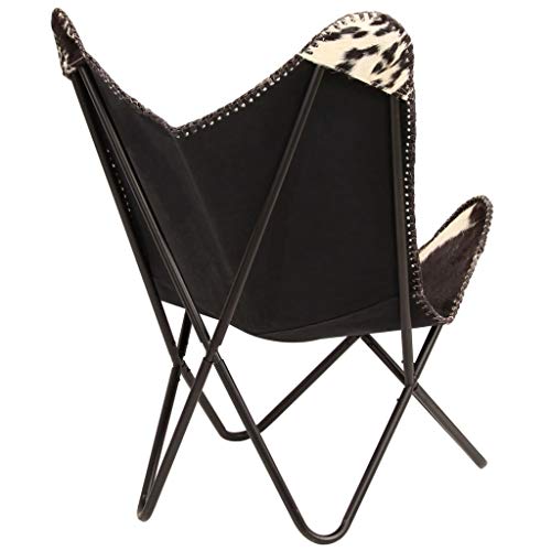 UnfadeMemory Silla Butterfly de Cuero Peludo,Silla de Salon,Decoración de Hogar Habitación,Estilo Vintage,Estructura de Acero,Piel de Cabra Auténtica,74x66x90cm (Negro y Blanco)