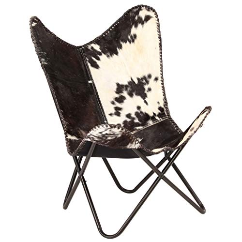 UnfadeMemory Silla Butterfly de Cuero Peludo,Silla de Salon,Decoración de Hogar Habitación,Estilo Vintage,Estructura de Acero,Piel de Cabra Auténtica,74x66x90cm (Negro y Blanco)