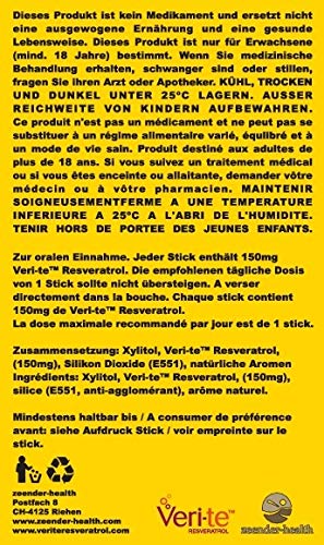 Unico en el mundo! Resveratrol en polvo. Antioxidante de calidad. De uvas rojas. Porciones solubles en la boca sin agregar agua. (150mg de Resveratrol Veri-te ™ por barra). Evolva SA Suiza.