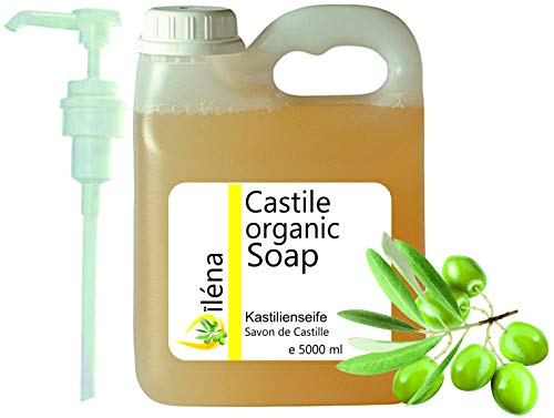 ÚNICO y AUTENTICO JABON DE CASTILLA - ECOLOGICO, a base únicamente de Aceite de Oliva, quita puntos negros, gel limpiador facial y cuerpo, pelo, cocina, ropa. liquido limpiador transparente (5000 ml)