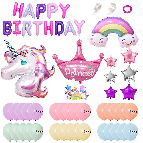 Unicornio Decoraciones Cumpleaños de Fiesta para Niños, Enormes 3D Globos de Unicornio Cumpleaños Estandarte,Globos de Látex Macaron, Suministros de Cumpleaños Individuación para Niños Niñas