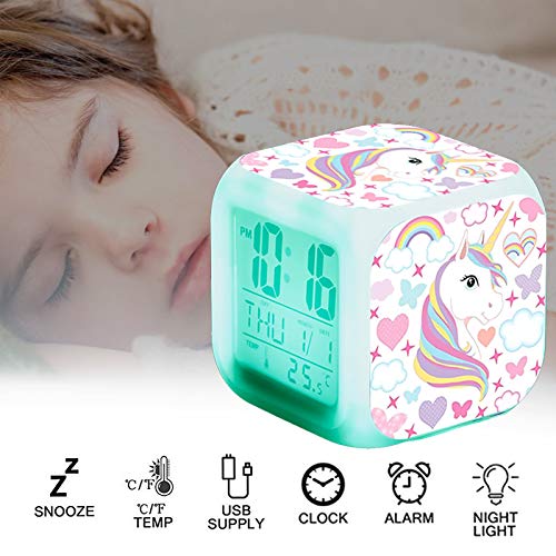 Unicornio Relojes de alarma digitales para niñas, LED de noche que brilla intensamente Reloj LCD con luz para niños Despertar Reloj de cabecera Regalos de cumpleaños para niños Mujeres Dormitorio (7)