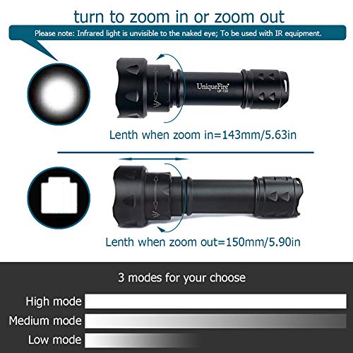 UniqueFire T20 IR 850nm luz infrarroja linterna antorcha,38MM lente de visión nocturna por infrarrojos de luz de la linterna regulable para la caza