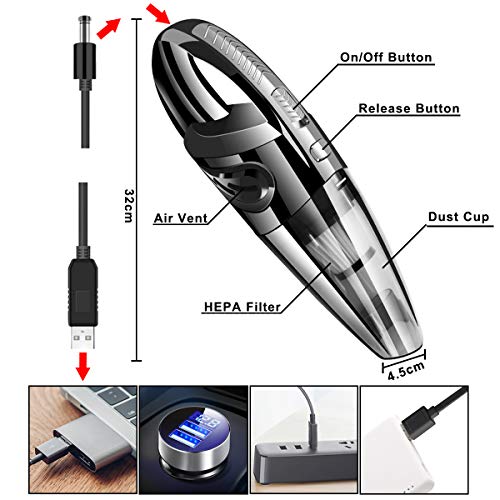 URAQT Aspiradora de Mano, 120W Aspirador Mano Sin Cable Potente, Carga rápida USB Aspiradoras en Seco y Húmedo, Batería de 2200mAh,Filtro Lavable, Accesorio Completo para Oficina, Hogar, Coche