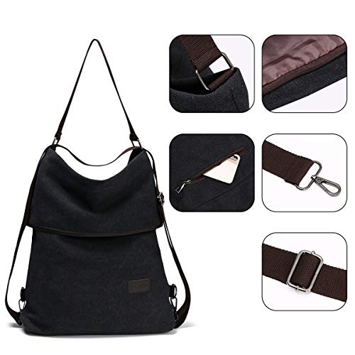 URAQT Mochila de Lona, Bolsos de Mujer, Bolso Mochila Mujer， Mujer Lona Microfibra Multifuncional Casual Bolso de Cuero de Gran Capacidad Bolsas de Hombro Mochila, Negro
