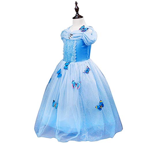 URAQT Princesa Traje del Vestido, Traje de Princesa Azul con Mariposas Vestido Infantil Disfraz de Princesa de Niñas para Fiesta Carnaval Cumpleaños Cosplay Halloween (150)
