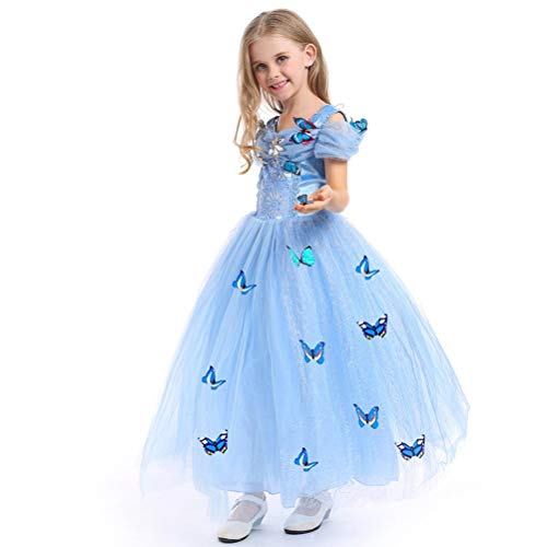 URAQT Princesa Traje del Vestido, Traje de Princesa Azul con Mariposas Vestido Infantil Disfraz de Princesa de Niñas para Fiesta Carnaval Cumpleaños Cosplay Halloween (150)