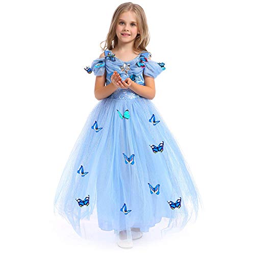 URAQT Princesa Traje del Vestido, Traje de Princesa Azul con Mariposas Vestido Infantil Disfraz de Princesa de Niñas para Fiesta Carnaval Cumpleaños Cosplay Halloween (150)
