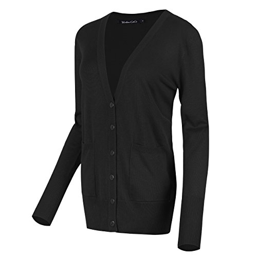 Urban GoCo Mujeres Chaqueta de Punto Básico de Manga Larga con Botones Rebecas Cárdigan Negro L