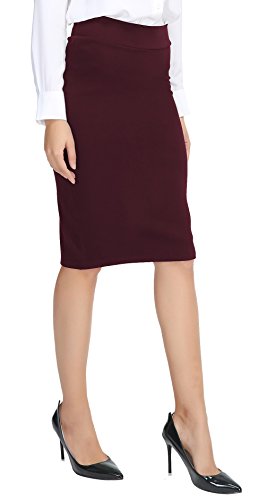 Urban GoCo Mujeres Falda Midi Lápiz Cintura Alta Elasticidad Bodycon Tubo Falda Oficina Vino Rojo M