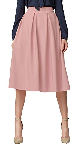Urban GoCo Mujeres Vintage Falda Midi Plisada A-Line con Bolsillos Faldas Larga (M, Pink)