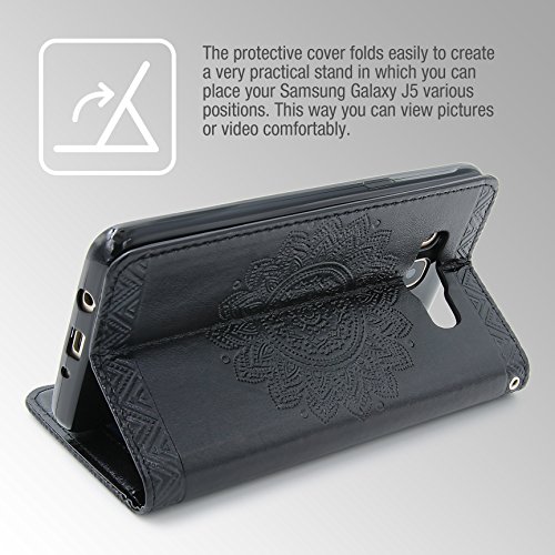 Urcover Funda Libro Compatible con Samsung Galaxy J3 Wallet Case Lotus Pattern Eco Cuero Carcasa Protectora con Tapa Cierre magnetico, Billetera para Tarjetas Flip Cover - Negro