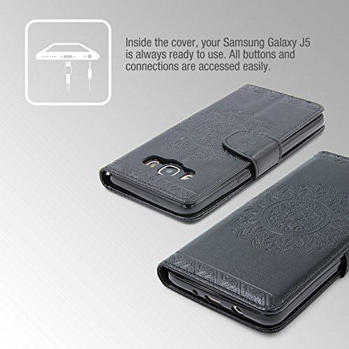 Urcover Funda Libro Compatible con Samsung Galaxy J3 Wallet Case Lotus Pattern Eco Cuero Carcasa Protectora con Tapa Cierre magnetico, Billetera para Tarjetas Flip Cover - Negro