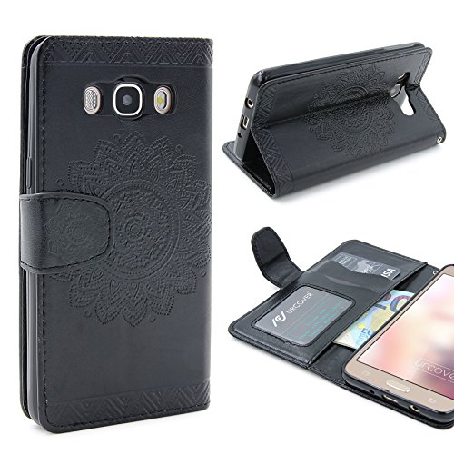 Urcover Funda Libro Compatible con Samsung Galaxy J3 Wallet Case Lotus Pattern Eco Cuero Carcasa Protectora con Tapa Cierre magnetico, Billetera para Tarjetas Flip Cover - Negro