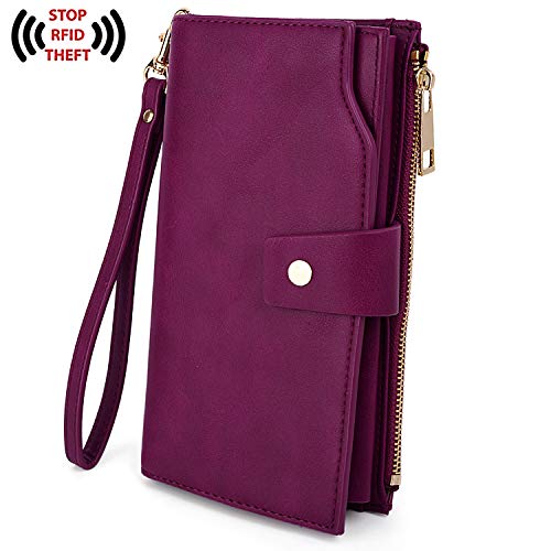 UTO - Mujer Cartera de Bloqueo de RFID PU Cuero Monedero Largo 21 Ranuras para Tarjetas Monedero Gran Capacidad Bolsillo para Móvil Morado